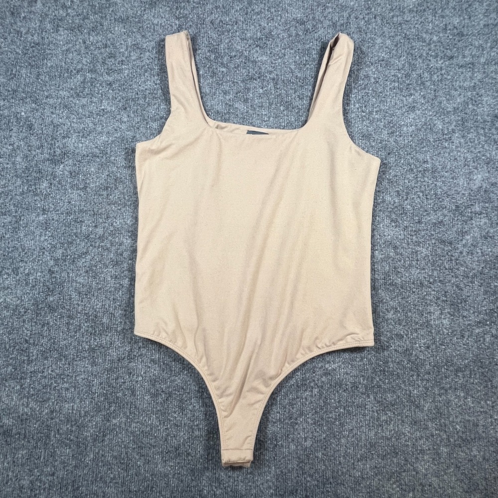 Arula Thong Cut Bodysuit One Piece Womens Beige Stretch Wide Straps Square Neck